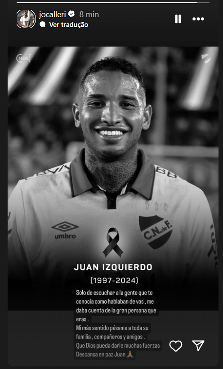 Reprodução Instagram / Jonathan Calleri Condolências pela morte de Juan Izquierdo prestadas por Calleri, jogador do São Paulo - em 28/08/2024