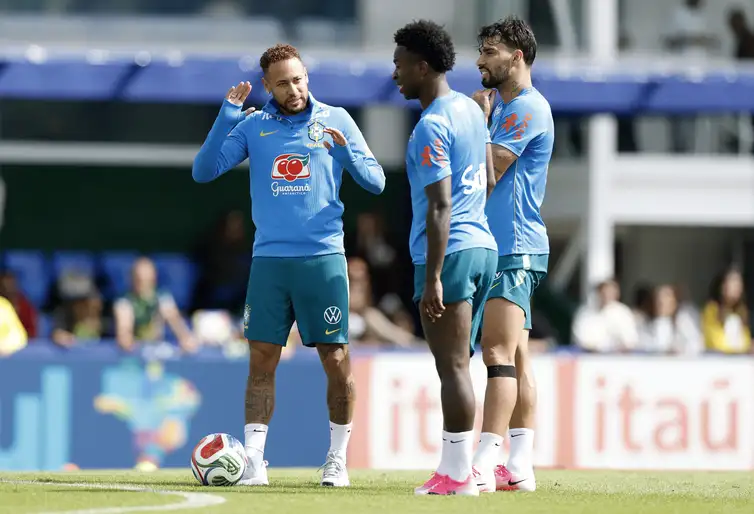 Rafael Ribeiro/CBF/Direitos Reservados Neymar, Vini Jr, Paquetá, treino, Granja Comary 2026
