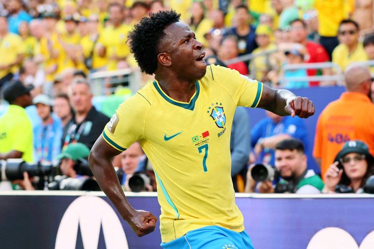 Reuters/Caean Couto/Proibida reprodução Soccer Football - FIFA World Cup 2026 - Group C - Brazil v Morocco - New York/New Jersey Stadium, East Rutherford, New Jersey, U.S. - June 13, 2026 Brazil's Vinicius Junior reacts IMAGN IMAGES via Reuters/Caean Couto