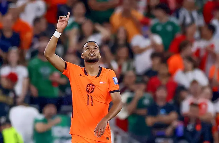 Reuters/Eloisa Sanchez/Proibida reprodução Soccer Football - FIFA World Cup 2026 - Round of 32 - Netherlands v Morocco - Estadio Monterrey, Monterrey, Mexico - June 29, 2026
Netherlands' Cody Gakpo celebrates scoring their first goal REUTERS/Eloisa Sanchez TPX IMAGES OF THE DAY